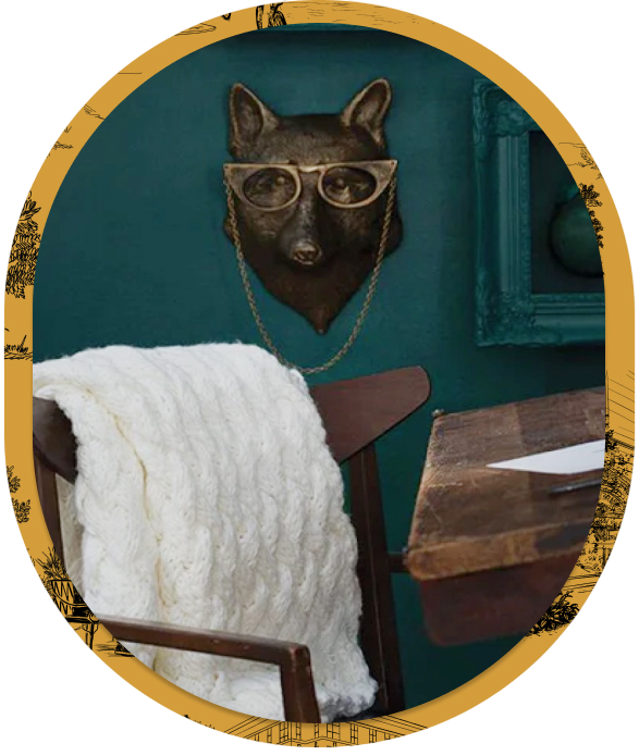 Painting showcasing a bear head with glasses, table, & white cloth over a chair.